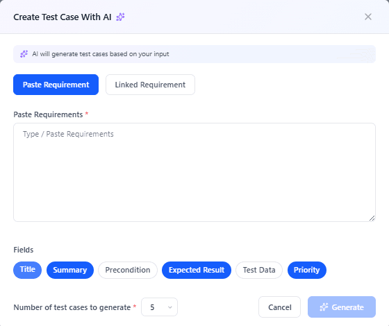 AI test generation input with requirement and configurable fields