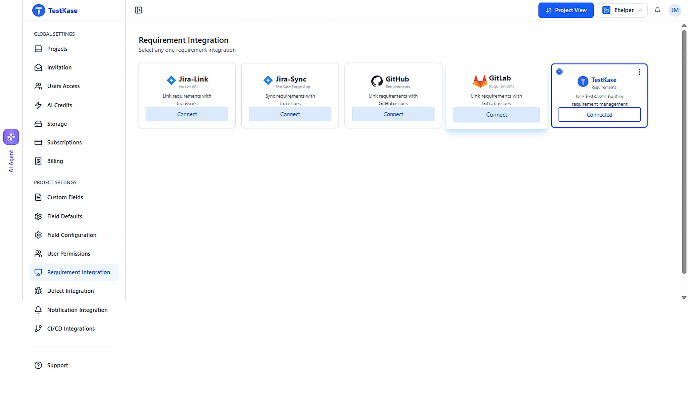 TestKase integrations dashboard showing Jira, GitHub, and webhook connections