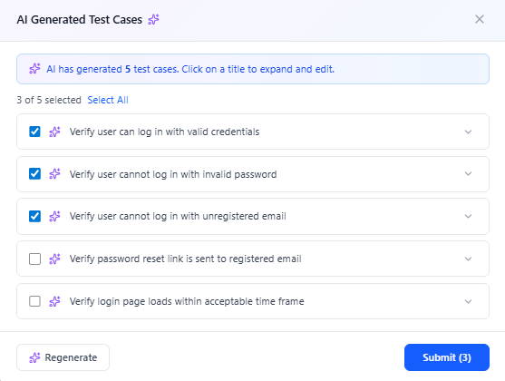 AI generated test cases with selectable results