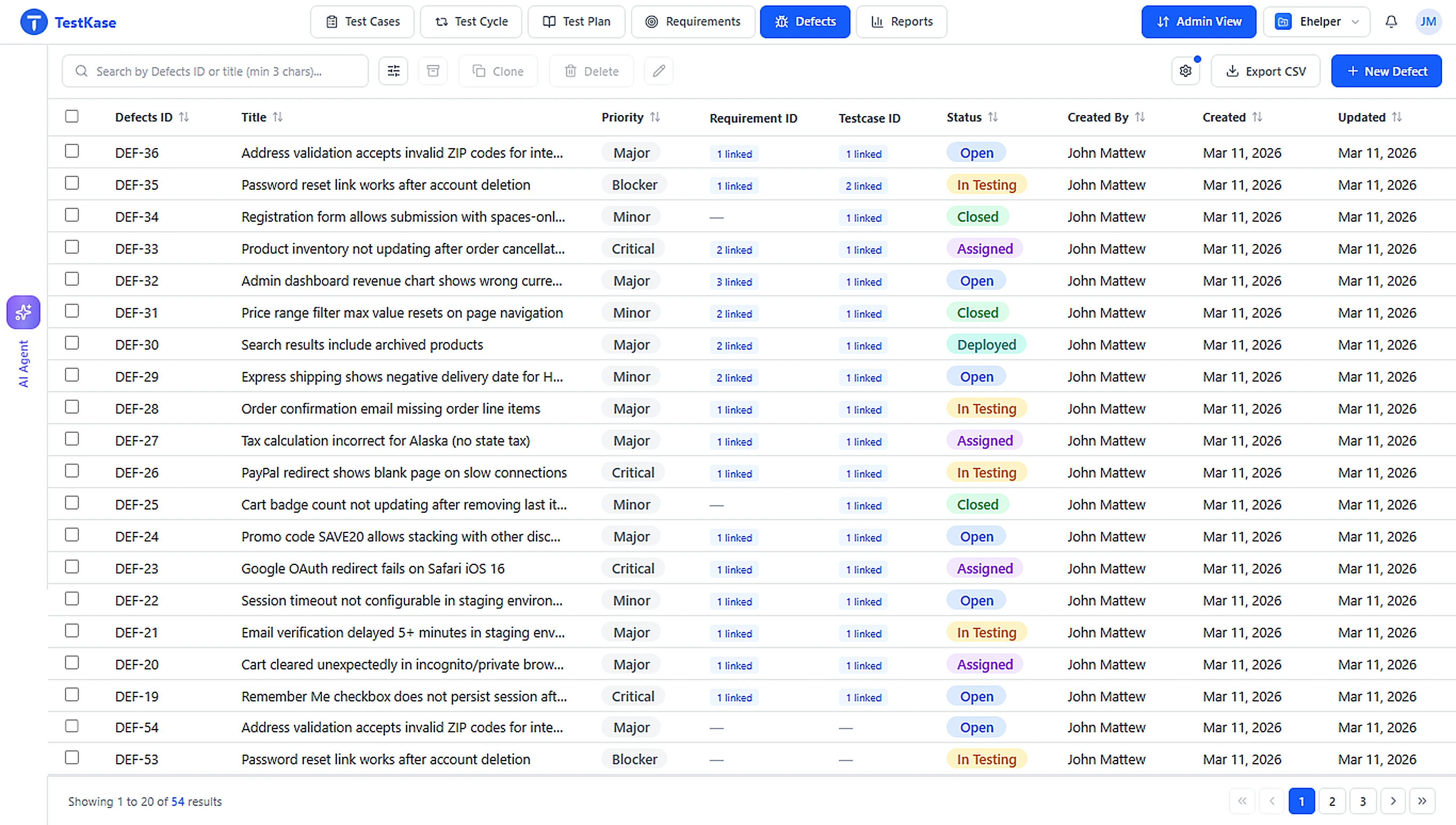 TestKase Defects Dashboard