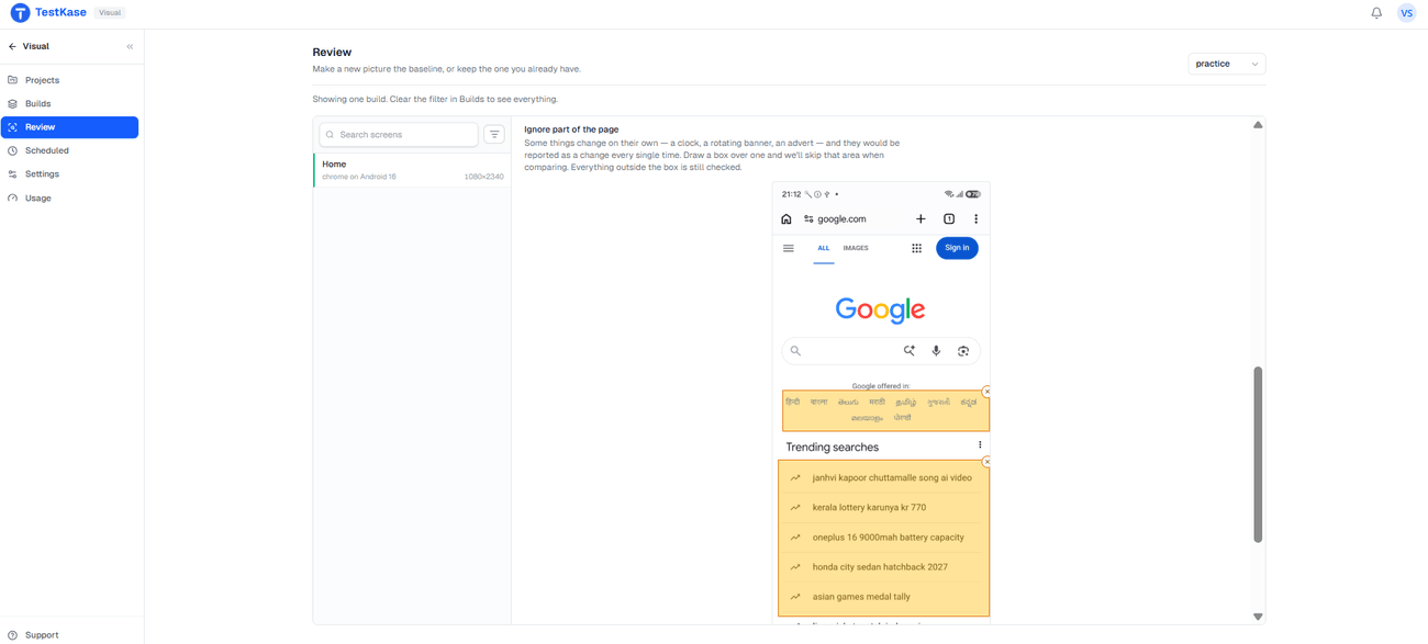 A TestKase Visual baseline with two ignore regions drawn over the parts of the page that change on their own, each with a close handle