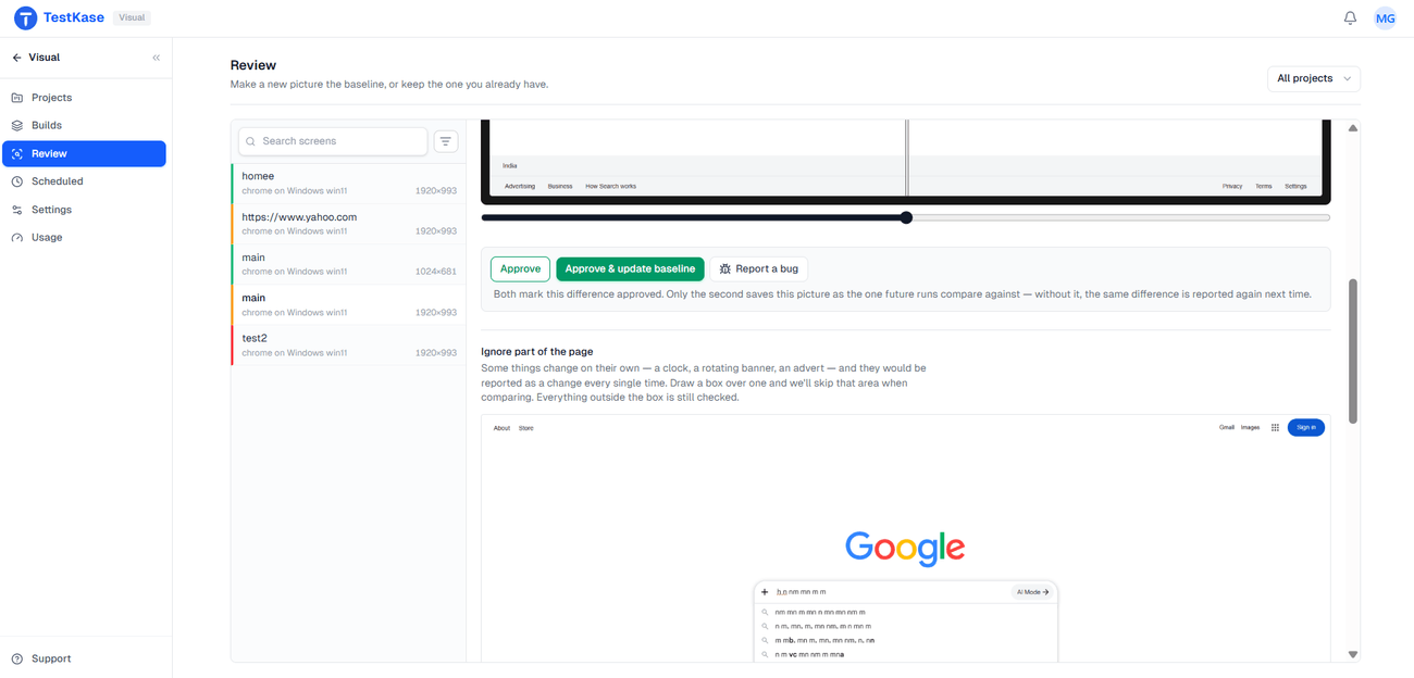 The TestKase Visual review controls — Approve, Approve and update baseline, and Report a bug — on a changed snapshot
